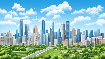 Sunny cityscape panorama with green park.