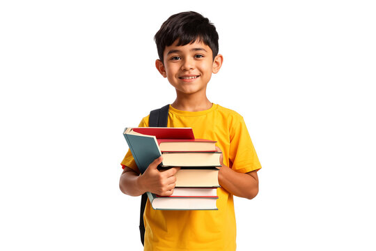 Portrait of a young schoolboy carrying school books, isolated on a transparent background