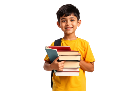 Portrait of a young schoolboy carrying school books, isolated on a transparent background