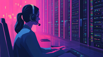 Technical support or online assistant isometric concept vector illustration. Female figure in headset, call center operator or telemarketer over server racks, isolated on purple background, web page