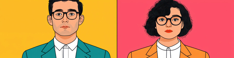 Colorful comic style portraits of man and woman with glasses