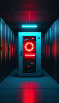 A futuristic data center corridor featuring a glowing red server cabinet illuminated by blue and red lights.