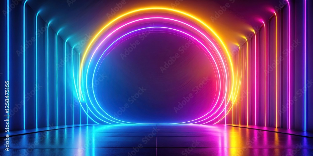 Aufkleber Abstract vibrant neon light show with circular and linear elements reflecting on a dark floor