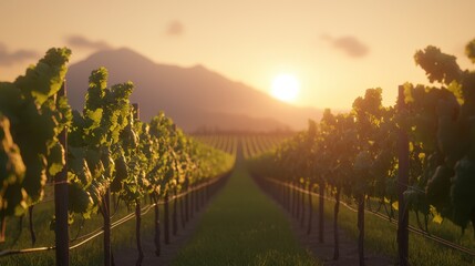 Obraz premium Serene Sunrise Over Lush Vineyards with Mountains in the Background