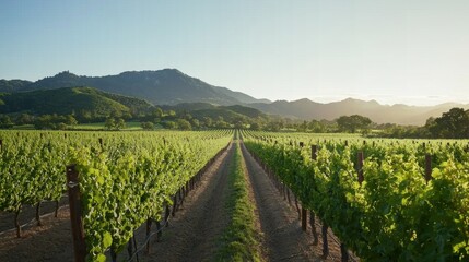 Naklejka premium Expansive Vineyard Landscape With Lush Green Grapevines and Mountains