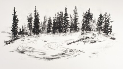 Winter's Embrace: A Charcoal Sketch of a Frozen River and Coniferous Forest