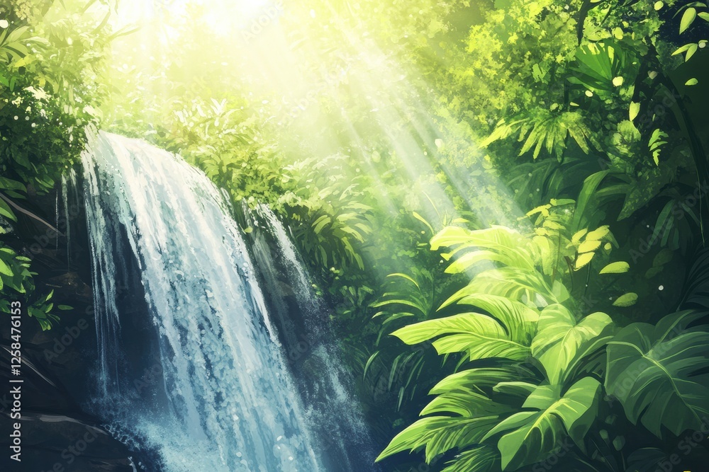 Poster majestic waterfall flows through lush green forest under bright sunlight creating a serene atmospher