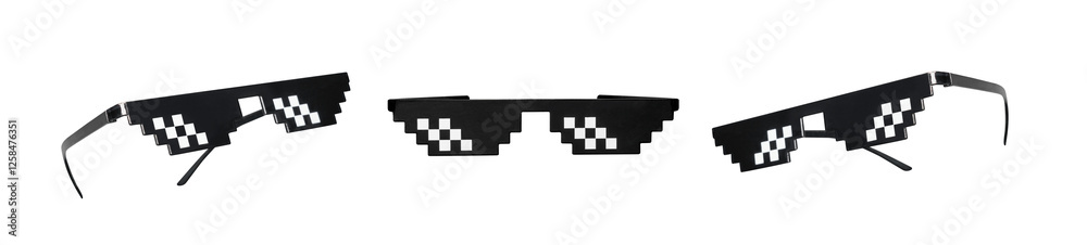 Fototapete  Real 3d pixel art thug glasses like design vector illustration isolated on transparent png background. Mock up template.
