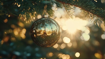 Glistening ornament on evergreen branch reflecting winter sunlight