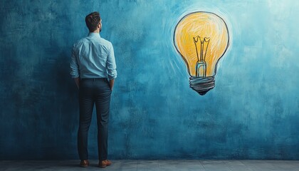 Obraz premium Businessman sketching a vibrant light bulb on a light blue wall, representing innovation and new startup ideas, brainstorming creativity concept