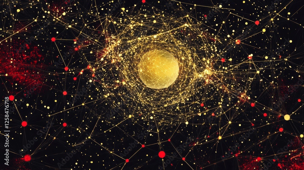 Wall mural abstract digital space graphic with golden celestial object and red particles perfect for background