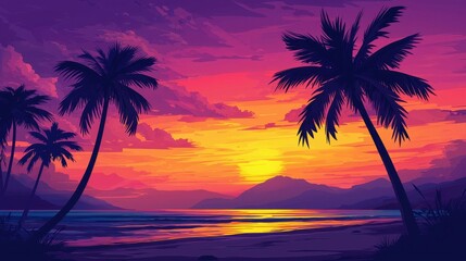 Obraz premium Vibrant Sunset Over Tropical Beach with Silhouetted Palm Trees