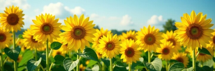 Fototapeta premium Sunflower field with tall golden flowers, sun, fields, sunflowers