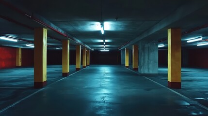 Gloomy ambience inside the underground parking garage with few lights
