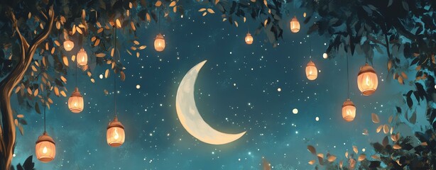 Fototapeta premium A serene night sky with a crescent moon surrounded by glowing lanterns and stars.