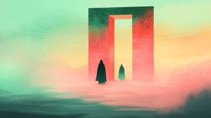 Two cloaked figures approach a large, vibrant red gateway in a hazy, dreamlike landscape.