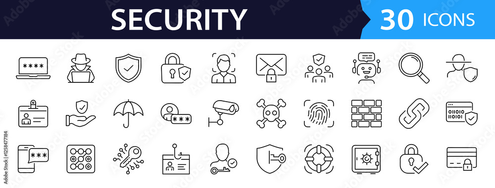 Aufkleber Security set of web icons in line style. Cyber Security and internet protection icons for web and mobile app. Password, security system, finger print, spy, electronic key and more. Vector illustration