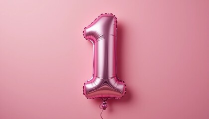 balloon in a shape of number 1 on pink background for birthday celebration.