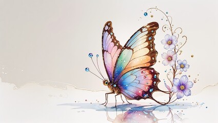 Watercolor Butterfly with Jewels and Flowers on Soft Background Delicate and Whimsical