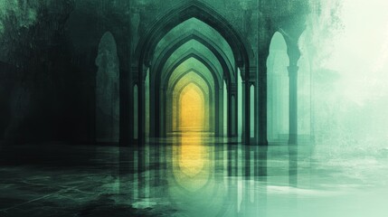 Mysterious, teal-toned archway leads to a glowing yellow light at the end of a long hallway.  A reflective floor enhances the mystical atmosphere.
