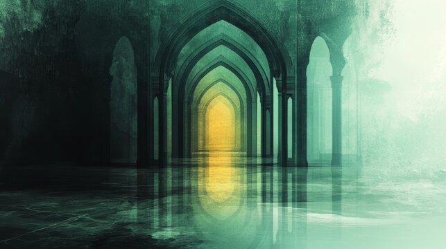 Mysterious, teal-toned archway leads to a glowing yellow light at the end of a long hallway.  A reflective floor enhances the mystical atmosphere.