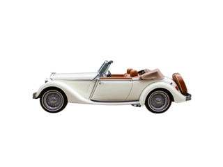 A classic convertible car with a sleek design, featuring a cream exterior and luxurious brown leather interior, Isolated on white background.