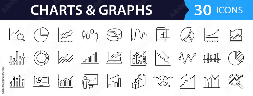 Poster Graphs and Graphs set of web icons in line style. Charts and diagram icons for web and mobile app. Business infographic, charts, statistics, growth, growing bar graph and more. Vector illustration