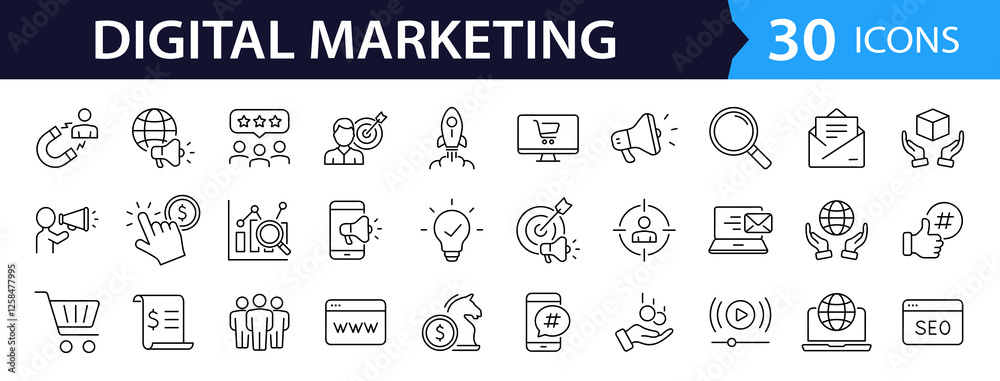 Fototapete Digital marketing set of web icons in line style. Marketing icons for web and mobile app. Communication, advertising, ecommerce, seo, content, product, target audience, website, social media and more