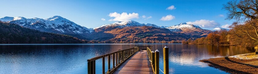 Naklejka premium A serene lakeside view featuring a wooden dock, surrounded by majestic mountains and clear blue skies.