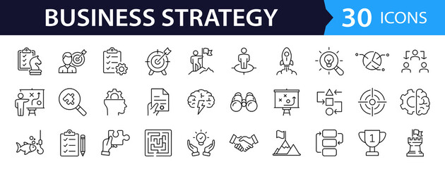 Business strategy set of web icons in line style. Business solutions icons for web and mobile app. Action List, research, solution, team, marketing, startup, advertising, business process, management