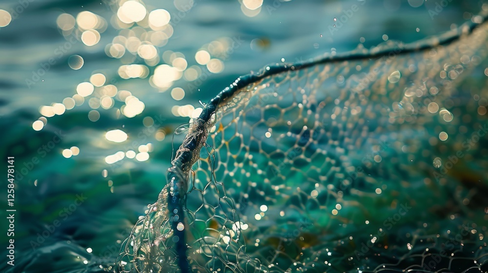 Aufkleber a fisherman adjusts his net on the edge of a tranquil ocean, sparkling reflections dancing on the wa