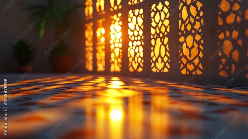 Poster golden sunlight filters through intricate arabesque patterns, casting mesmerizing shadows on the til