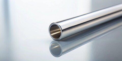 Sleek metallic cylinder resting on a reflective surface, showcasing its polished texture and precise engineering