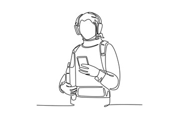 Woman tech concept. Single line draw design vector graphic illustration.