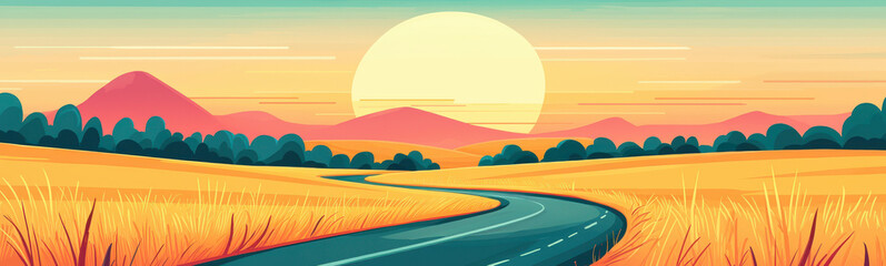 Obraz premium scenic road winds through golden fields under vibrant sunset