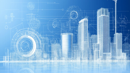 Obraz premium Blueprint Metropolis: A futuristic cityscape rises from a blueprint, reflecting innovation and progress in urban design. The image blends architectural schematics with a gleaming, modern city. 