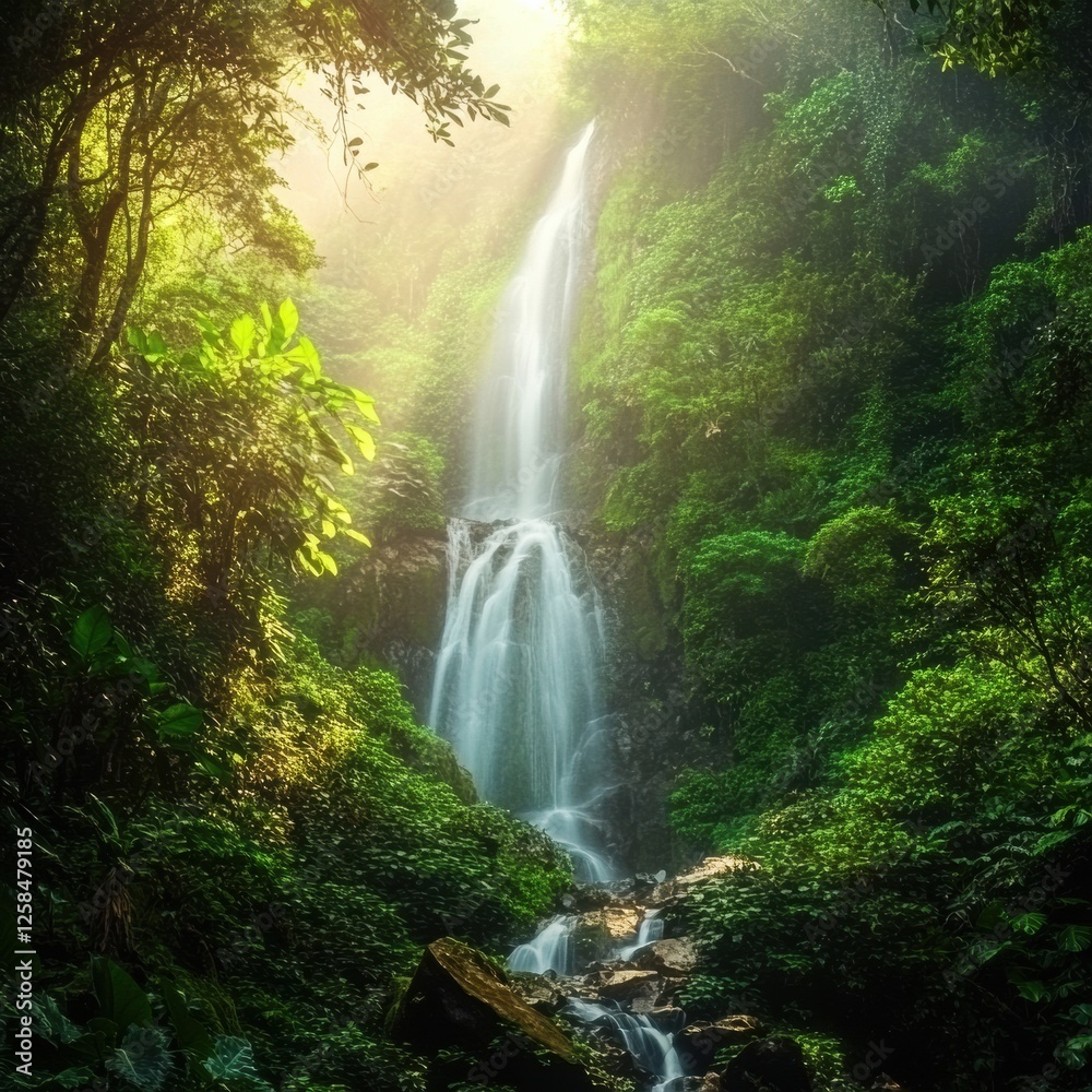 Poster Waterfall cascading through lush greenery in a misty forest during early morning light. Generative AI