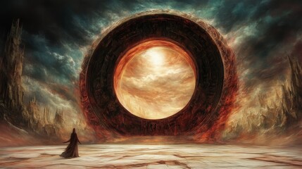 Obraz premium A lone figure in a dark robe stands before a colossal, ancient portal, its fiery depths hinting at a mystical journey.