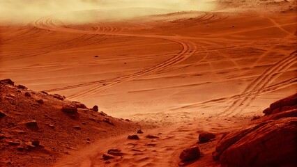 Detailed surface of mars with rover tracks the