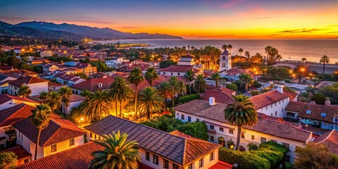 Fototapeta premium Aerial View of Santa Barbara, California at Sunset: Tiled Roofs & Pacific Ocean
