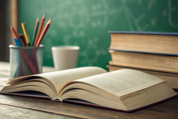 Naklejka premium Open Book On Wooden Table With Classroom Supplies And Books Educational