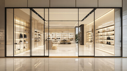 Realistic room with glass wall and door mockup isolated on transparent background. Vector illustration of large shop, store, supermarket, showroom, office perspective with led lamps on ceiling