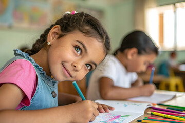Young Girl Drawing in Classroom