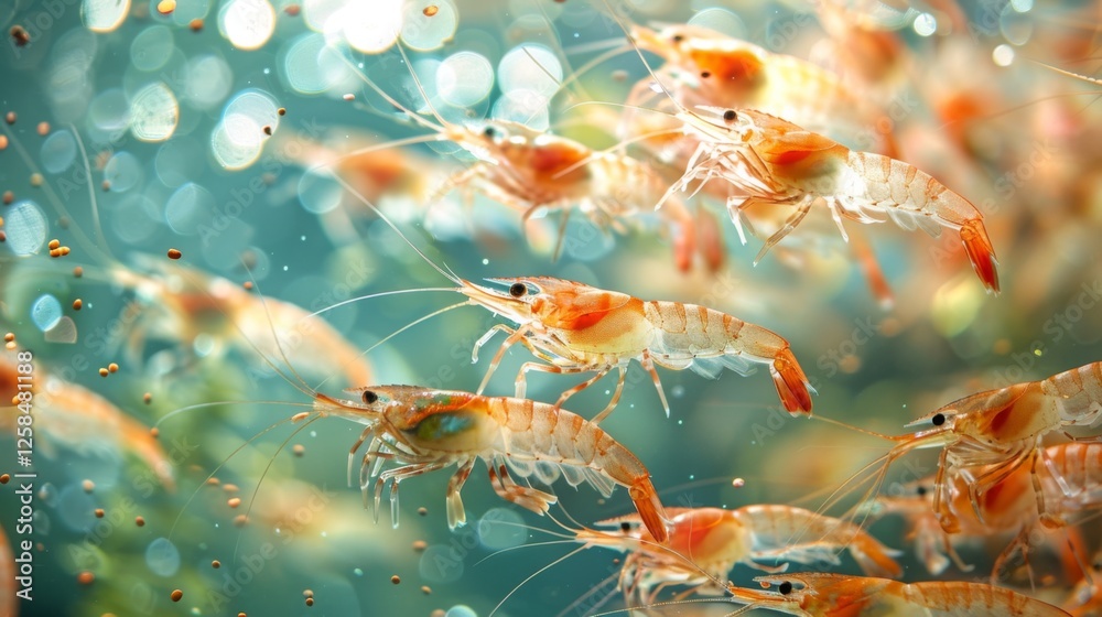 Aufkleber groups of shrimp move swiftly through the sparkling water, their bright orange and transparent bodie