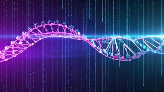 A futuristic DNA helix, each nucleotide is connected by neon digital lines, Symbolizes genetic data processing, biotech AI, and futuristic medical technology, 4k High-Quality Animation Video