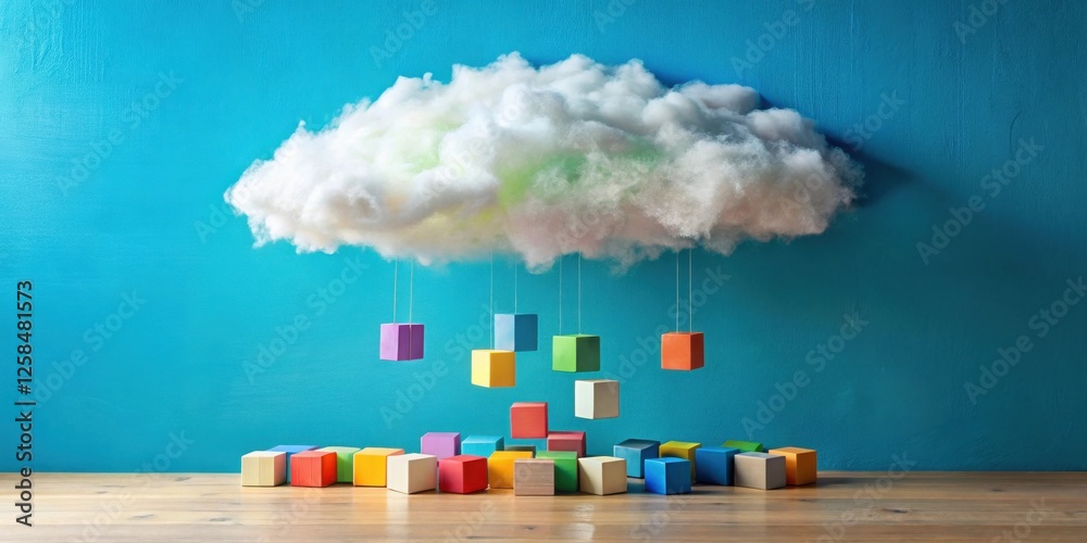 Aufkleber colorful cubes descending from a fluffy cloud onto a wooden surface representing data storage and cl