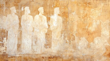 A softly aged fresco wall background in warm ochre with barely visible historic figures
