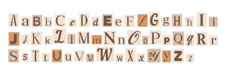 Blackmail Ransom Anonymous Font Notes. Criminal or detective font. Diverse newspaper cutout alphabet for collages and scrapbooking. Vector illustration