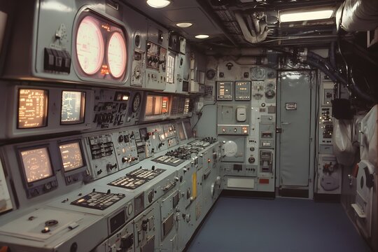 Detailed view of a submarine control room filled with vintage equipment and illuminated gauges