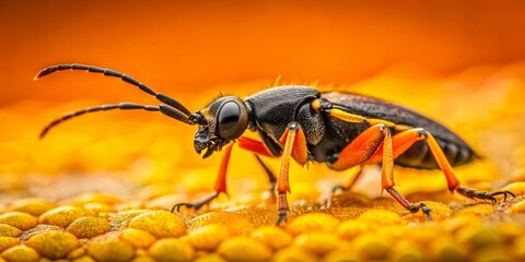 Tiny Black and Orange Bug on Yellow Background - Macro Insect Photography